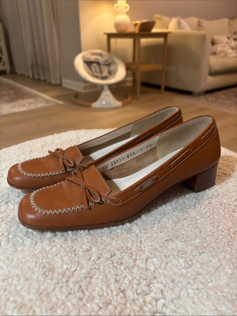 Salvatore Ferragamo Pumps Womens 7 4A ( double narrow)  Leather Block Heel brown